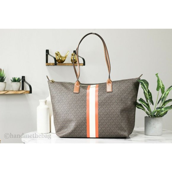 NWT Michael Kors Travel Large Tote Leather Stripe Tangerine Zip Shoulder Handbag - Picture 2 of 5